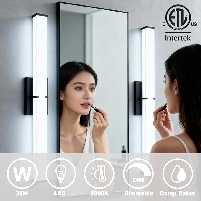 Bathroom Light Fixtures: 31.5 Inch ETL Certified LED Bathroom Vanity Light 5700K Cool White 36W 2500LM - Modern Black Vanity Light Dimmable with Clear Shade - Bathroom Lighting Fixtures Over Mirror