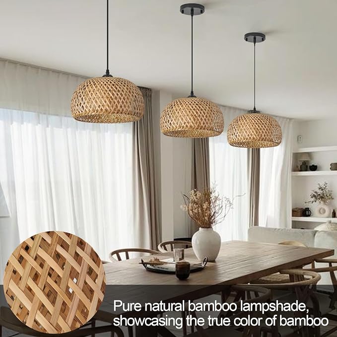 Bamboo Pendant Light,Set of 2 Boho Round Basket Chandelier Handmade Woven Pendant Light, Natural Bamboo Rattan Hanging Chandelier for Kitchen Island Dining Room Living Room Porch