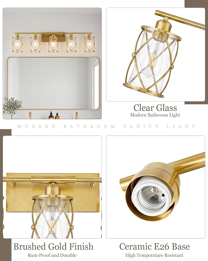 5-Light Brushed Gold Bathroom Light Fixtures Over Mirror, 38" UL-Listed Modern Wall Sconce Lights with Clear Glass and Metal Cage for Bath, Hardwire E26, CH9176BG-5W