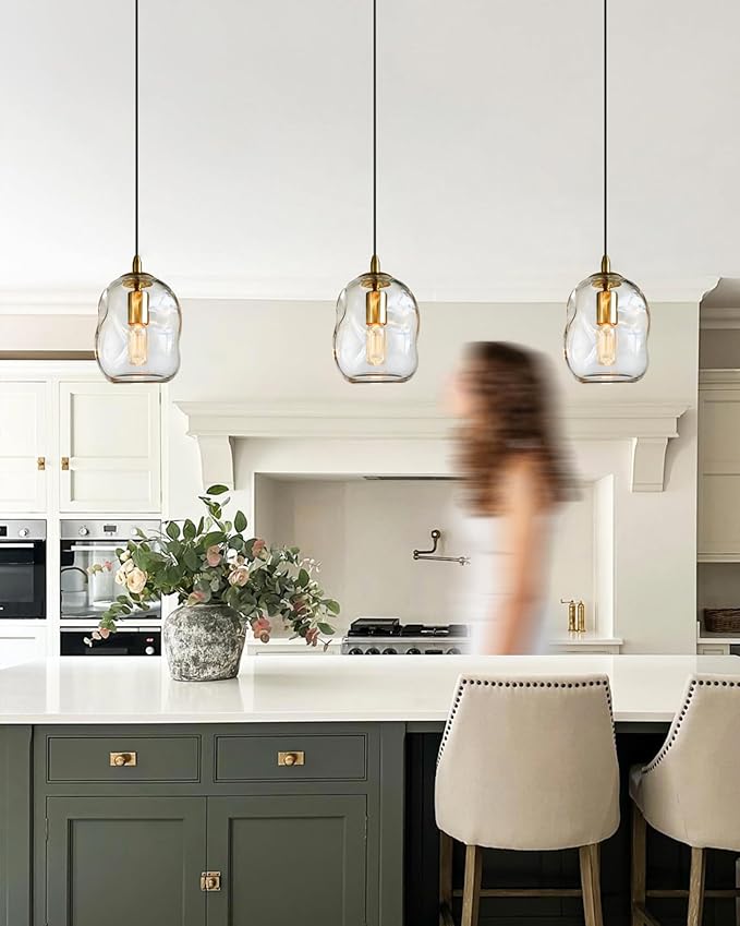 CASAMOTION Modern Glass Pendant Light Kitchen Island Brass Gold Blown Clear Glass, Organic Globe Design Industrial Contemporary Style Sink Bar Counter Porch Small Medium Lamp 8 Inch H
