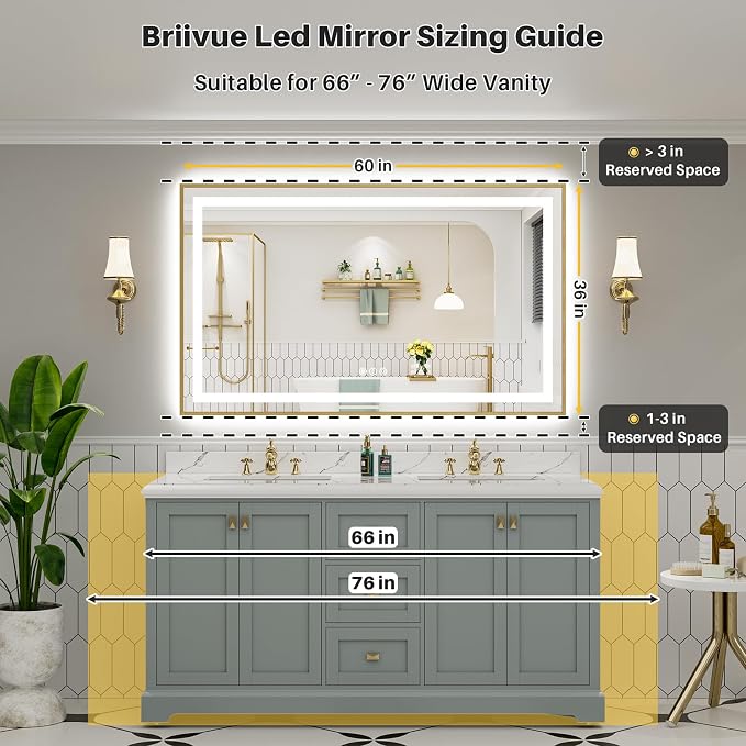 60x36 Inch LED Bathroom Mirror with Gold Frame, Backlit & Front Lit | Anti-fog, 3 Color Dimmable, Memory Function, HD Reflection Tempered Glass, ETL Listed, IP54 Waterproof