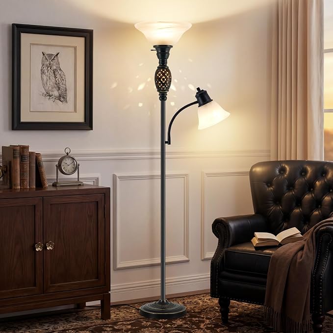 Luvkczc 70" Floor Lamp with Night Light, Adjustable Gooseneck Reading Light | Retro Standing Lamp for Living Room Bedroom Corner – Dual Lighting, Etched Frosted Shade, Rotary Switch, Bulb Included