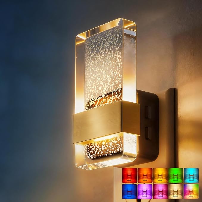 LED Night Lights Plug into Wall, 3 Level Dimmable Night Light | Rotatable Bubble Decorative Nightlight, Dusk to Dawn Sensor, Wall Sconce-Style Design Nightlights for Bathroom, Hallway, RGB