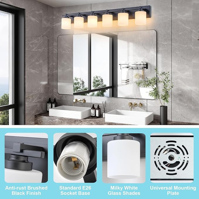 Modern Bathroom Light Fixtures Over Mirror, Vanity Lights for Bathroom Wall Sconces with Milky White Glass Shades, E26 Socket (Bulbs Not Included), 6 Light, Black