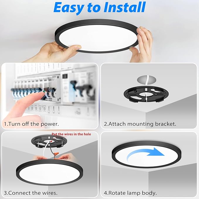 Peasur 12 inch LED Ceiling Light, 3000K/3500K/4000K/5000K/6500K Adjustable Flush Mount Light Fixture,3200LM 28W Thin Black Round Lamp for Hallway Kitchen Bathroom Bedroom, 8Pack