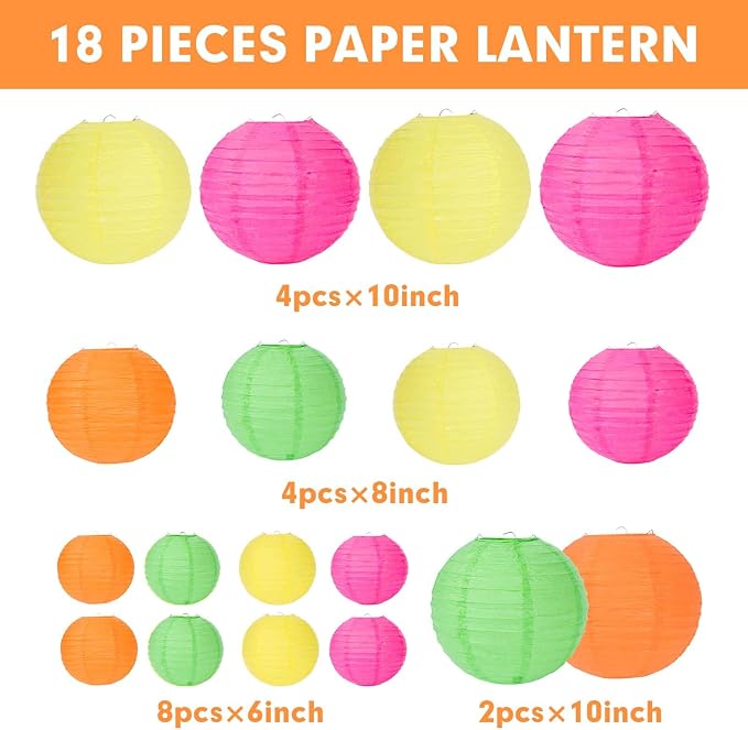 Mwellewm 18Pcs Colorful Paper Lanterns Set Glow in The Dark Party Supplies Neon Party Decorations Rainbow Hanging Paper Lantern Decor for Birthday Carnival Celebration Back to School Home Courtyard