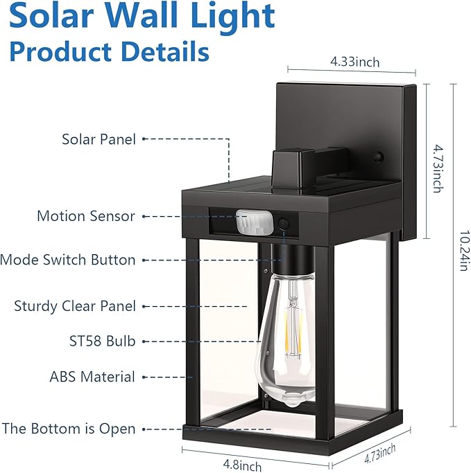 Solar Wall Lanterns Outdoor with 3 Lighting Modes & Motion Sensor, 2 Pack | Dusk to Dawn Solar Wall Lantern Fixture, Waterproof, 4 Bulbs Included, Exterior Front Porch for Garage Patio Yard Garden