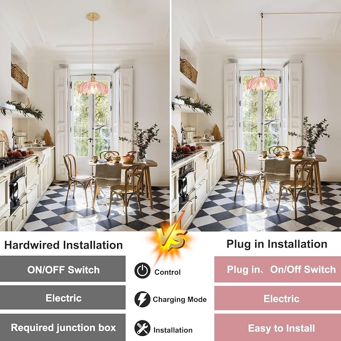 Shenmoyl Plug in Pendant Light Hanging Light Fixtures with Plugin Cord On/Off Switch,Pink Scindapsus Glass Lampshade Brass Pendant Light