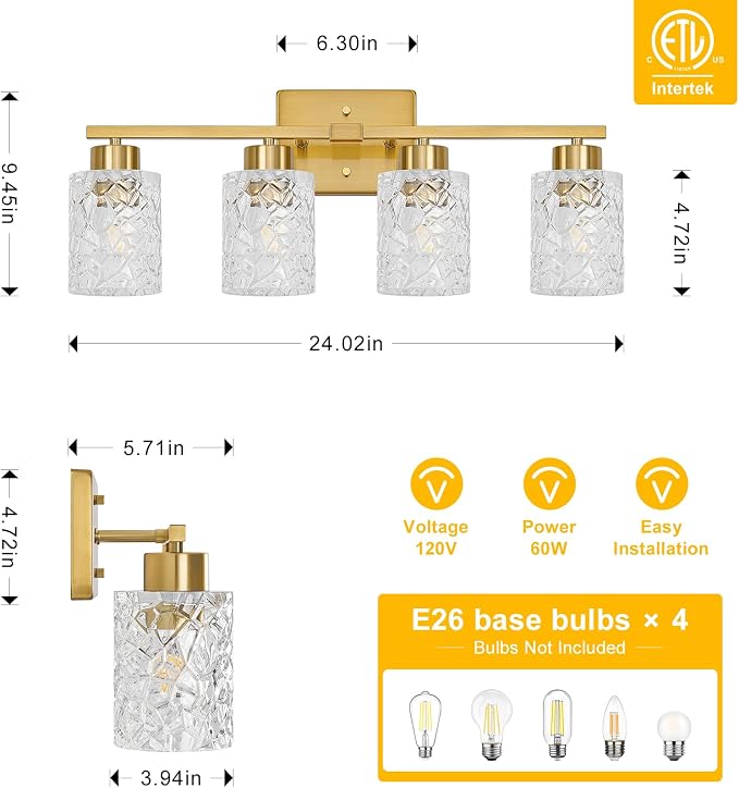 4-Light Bathroom Light Fixtures, Brushed Gold Vanity Lights Over Mirror | Wall Sconces with Clear Textured Glass Shades for Living Room Bedroom Hallway,E26 Base (Bulbs Not Included)