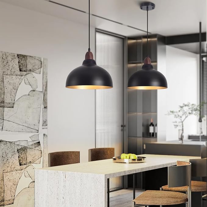 Black Pendant Light, 11.8" Farmhouse Black and Wood Hanging Pendant Lights Kitchen Island, Vintage Pendant Light Fixture Large Dome Chandelier for Kitchen Island, Dining Room