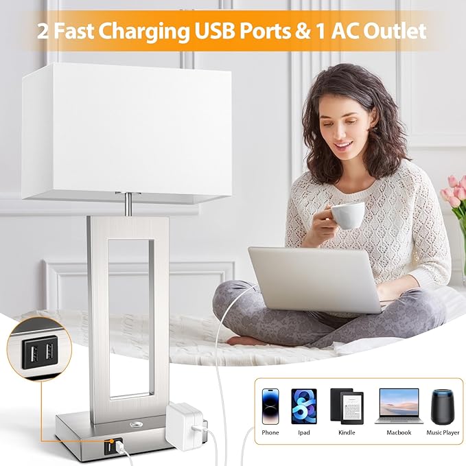 22’’ Touch Control Table Lamps Set of 2, 3 Color Temperatures Bedroom Bedside Lamps, Modern Silver Dimmable Lamps with USB Ports & AC Outlet, Tall Living Room Lamps for Nightstand End Table, 2 Bulbs