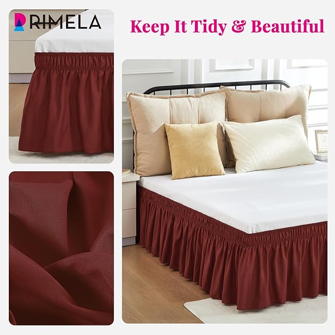 RIMELA Wine Red Bed Skirt King Size 15 Inch Drop, Elastic Bed Skirting for Bed Base and Frame, Bedding Dust Ruffle, Lightweight Wrap Around Adjustable Bedskirt, Cal King, Christmas Bedroom Decor