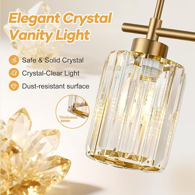 Modern Crystal Bathroom Vanity Light, 2-Light Brushed Gold Bathroom Light Fixtures with Clear Shades, Vanity Lighting Fixtures Over Mirror (Exclude Bulb)