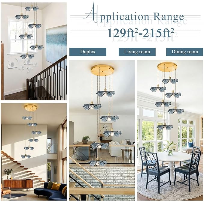 Foyer Chandelier for High Ceilings long Blue Floral pendant light Mid Century Glass Hanging Ceiling light Brushed Gold Flush Mount Ceiling Chandeliers for Staircase Entryway Living, Adjustable Height