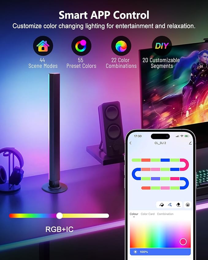 Smart RGB+IC LED Light Bar for Room, 16-Inch TV LED Backlight with Music Sync, Gaming Ambient Lighting Compatible with Alexa and Google Assistant, Sturdy Aluminum Light Bars
