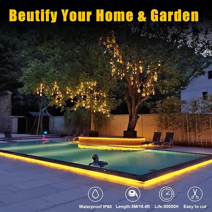 YM E-Bright Led Neon Strip Lights Without Power Supply, 12V Silicone Rope Indoor Outdoor 16.4Ft 600SMD Waterproof Flexible for Signboard Bar TV Kitchen Bedroom Home Party Decoration,Yellow/Amber