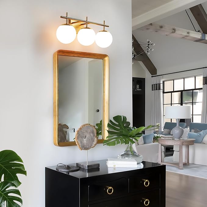 Gold Bathroom Light Fixtures, 3-Light Bathroom Vanity Light Over Mirror, Modern Vanity Lighting Fixtures with Milky White Globe Glass Shade, 22.4 inch Wall Sconce Light (Exclude E26 Bulb)