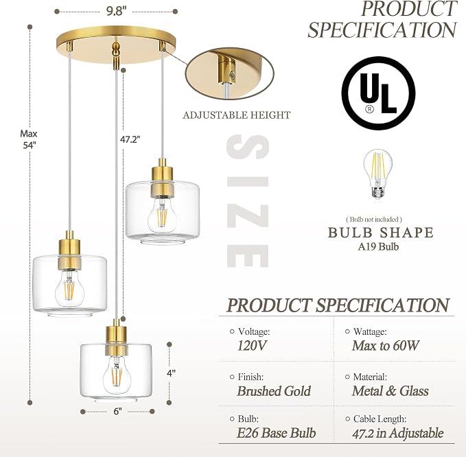 Brushed Gold Dining Room Chandelier Light Fixture, 3-Light Pendant Lighting with Clear Glass, Modern Kitchen Island Cluster Hanging Pendant Lights for Kitchen Dining Room, OS-YQ8153-3BGC