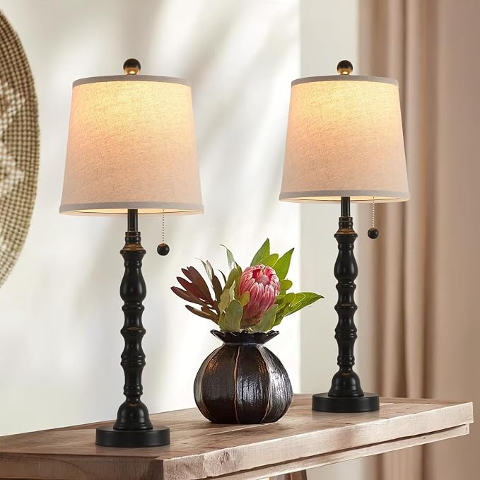 Lamps Set of 2 Modern Farmhouse Table Lamp Bedside Reading Lamps Living Room End Tables Set Lamps for Night Stands Bedroom Night Lamp,High 26.25 Inch,Black,With Fabric Lamp Shade,Bulb Not Included