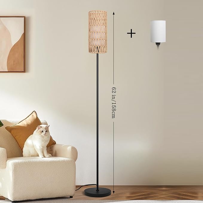 Ruiever Floor Lamp for Living Room,Farmhouse Floor lamp,Modern Standing lamp with Hand-Worked Rattan Shade (Double Shade-with Remote)