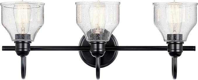 Kichler Avery 24" 3-Light Bathroom Vanity Light in Black with Clear Seeded Glass for Bathroom and Powder Room Vanity, Industrial Styling, (24" W x 9.5" H x 8.25" Ext.), 45973BK
