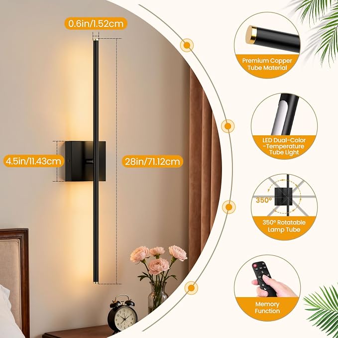 28 Inch Hardwired Wall Sconces Set of Two, Modern Black Wall Lights | 2700K-6500K,LED Wall Sconce With Remote,350°Rotatable ,Memory Function,Dimmable for Living Room, Hallway, Bedroom