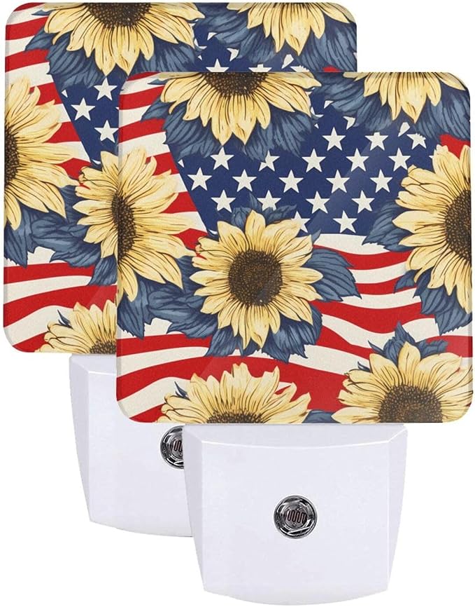 Sunflowers Red and White Lines LED Plug-in Night Lamp 2 Piece Set, Auto Sensor Nightlights Set of 2 for Bedroom Bathroom