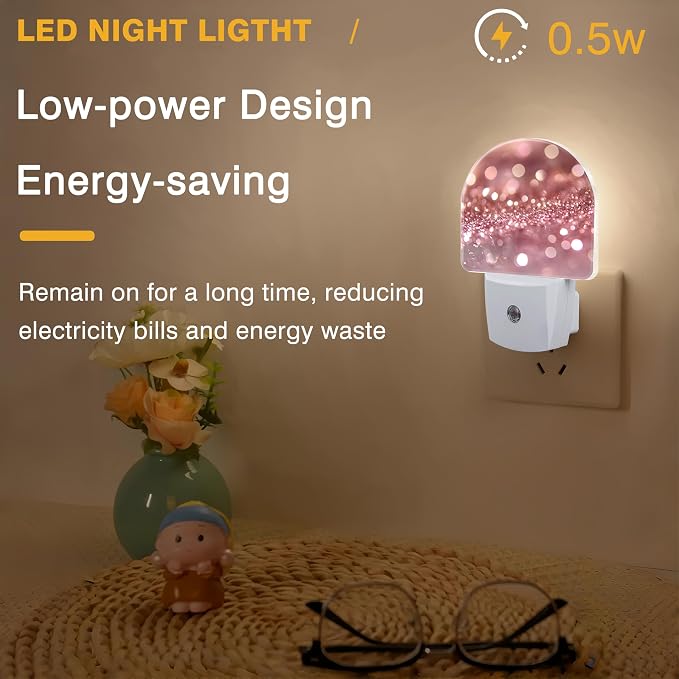 Night Lights Plug into Wall Rose Pink Glitter Night Light Dusk to Dawn Smart Sensor Decorative Round Led Lamp for Bedroom Kitchen Hallway Nightlight for Women Men