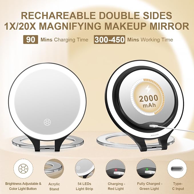 Mocado 1X/20X Magnifying Mirror with Light, Travel Makeup Mirror with Light | Double Sides Travel Mirror with 3 Color Light, Dimmable Touch, 1500mAh Rechargeable, Brightness Adjustable(Black)
