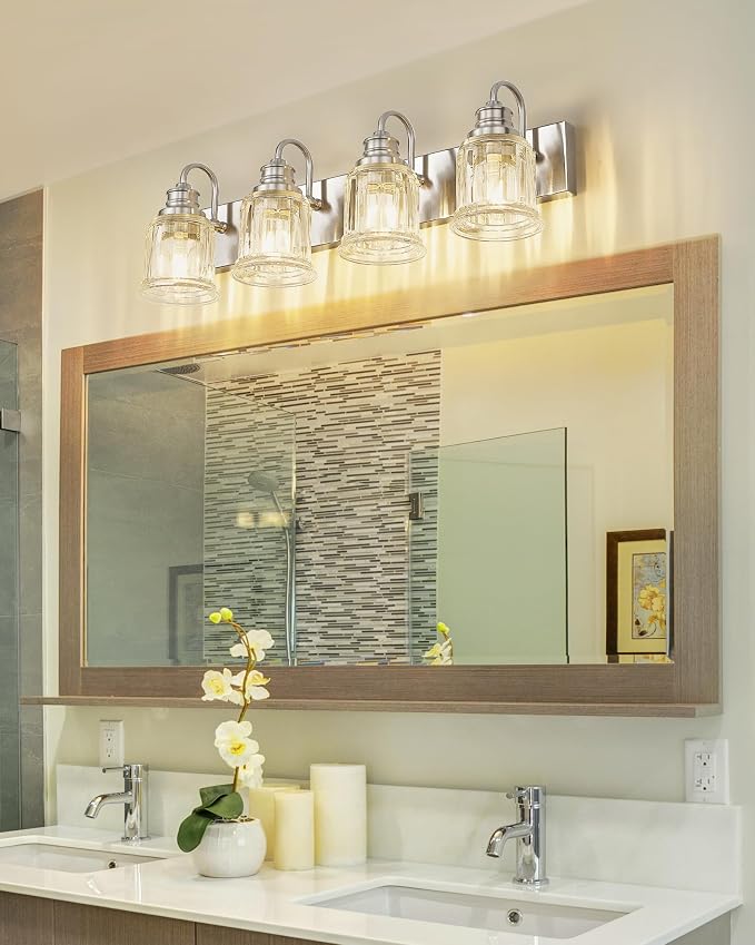 Brushed Nickel Bathroom Light, HWH 4-Light Vanity Lights for Bathroom Vanity Sconce Over Mirror, Wall Mounted Light Fixtures with Bell-Shaped Striped Glass, 5HZG106B-4W BN