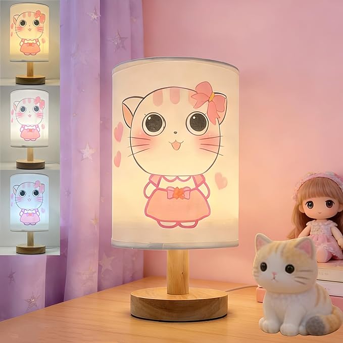 Cat Lamp,Cute Kitty Bedside Table Lamps for Girls Room 3 Color Dimmable Kids Nightstand Night Light with Pink Cartoon Shade Cats Desk Lamp for Girls Boys Cat Lovers Room Nursery Decorative Lights