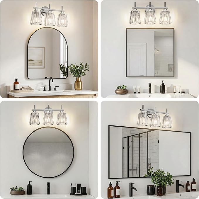 Crystal Bathroom Light Fixtures Over Mirror, Chrome 3-Light Bathroom Vanity Lights Over Mirror Modern Wall Lighting Sconces with Ceramic E26 Base (Bulbs Not Include)