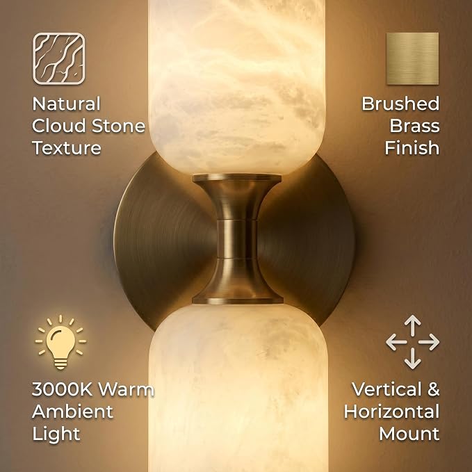 Alabaster Wall Sconces, 14" Modern Spanish Natural Marble Vanity Light, Dimmable Hardwired Brass Gold Wall Sconce Lighting for Bathroom Mirror, Bedroom, Living Room, Luxury Stone Wall Fixtures (1 Pcs)