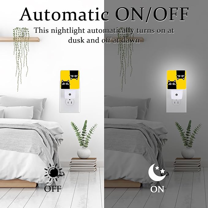 Cute Black Cat Night Light, Plug-into Wall Yellow Nightlight Lamp with Dusk to Dawn Sensor, Led Lamp 0.5W Energy Efficient for Boys Girls Adults Home Decor