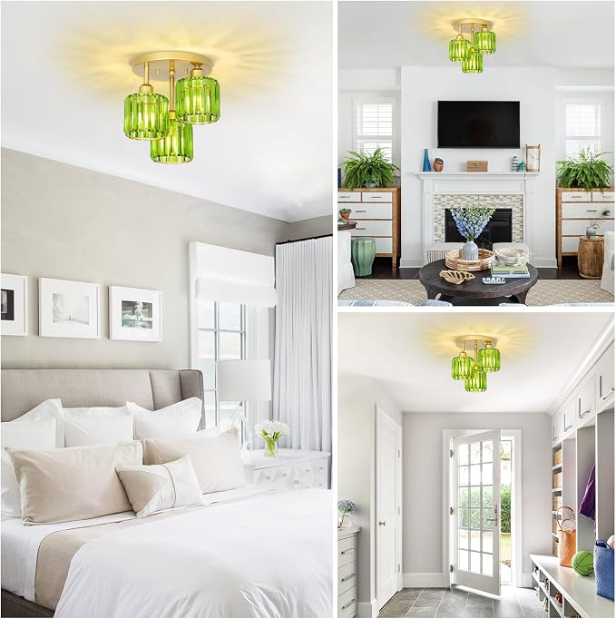PAUFUL Green Crystal Close to Ceiling Light Fixtures,3-Light Modern Semi Flush Mount Ceiling Light,Kitchen Light Fixture with Crystal Shades,Hallway Lighting Fixture for Entryway Bedroom Bathroom