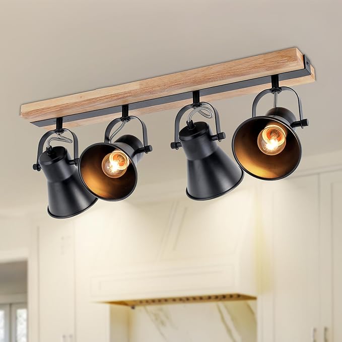 SEEBLEN 4-Lights Rustic Flush Mount Ceiling Light, Industrial Track Lighting Fixture, Rotatable Kitchen Track Lighting with Wood Base for Sink Dining Room, Living Room