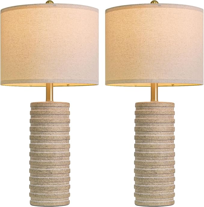 PoKat 27'' Farmhouse Table Lamps Set of 2 for Living Room, Stone Like | Bedside lamp for bedroom, boho and distressed style, hand-textured ceramic design, tall lamp decor for sideboard & entryway