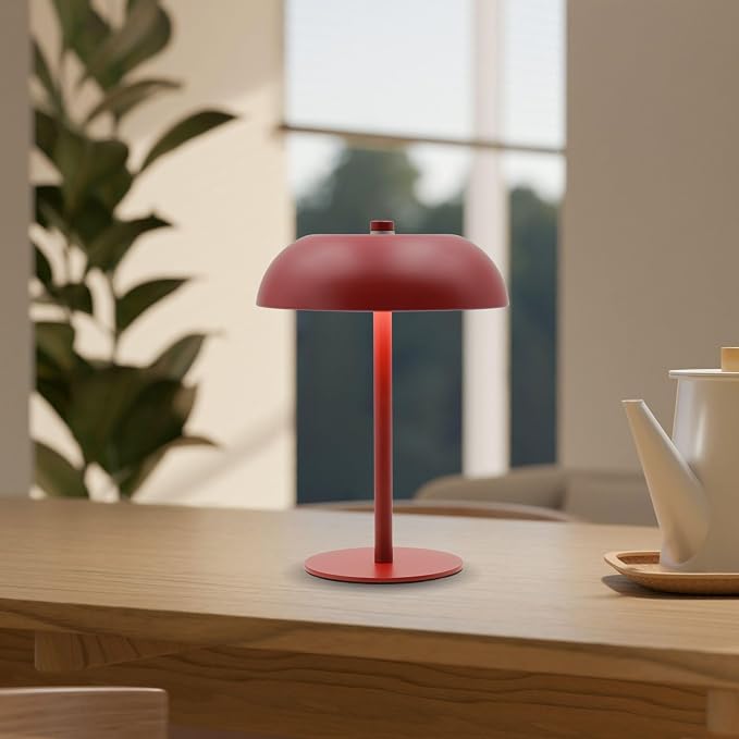 Cordless LED Mushroom Table Lamp, 5200mAh Battery, Dimmable 3 Color, Red | Small, 8.46in, Portable, Easy to Assemble, Metal structure, Rechargeable, Suitable for bedroom, café, and bar counter.