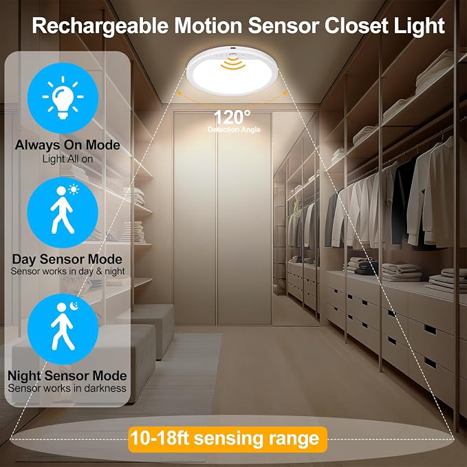 OSIDEN Rechargeable Motion Sensor Ceiling Light with Remote | Wireless Magnetic Stick on Closet Light Battery Operated Ceiling Lights for Shed Hallway Porch Stairs Garage Pantry