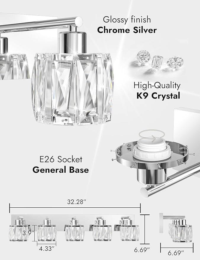 VOLISUN Crystal Vanity Lights - 5 Light Modern Stainless Steel & Chrome Bathroom Light Fixtures Over Mirror - UL Certificated (Exclude Bulb)