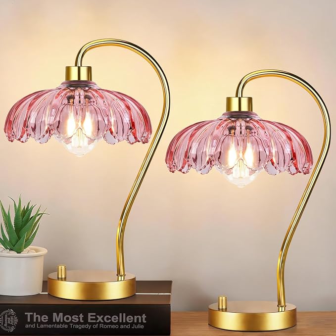 ILLMTW Pink Table Lamp Set of 2,Small Gold Bedside Lamps Dimmable Flower Bedroom Lamp with Glass Lamp Shade,Boho Vintage Mid Century Modern Mini Nightstand Lamp for Bedroom Living Room
