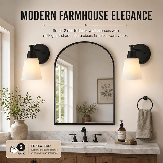 Wall Light Fixtures 2 Pack, Matte Black Vanity Lights with Milk Glass Shades, Modern Farmhouse Wall Sconces for Gallery, Mirror, Bedroom, and Bathroom