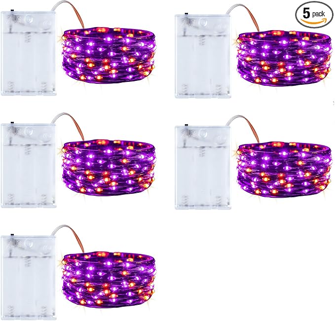 Minetom Halloween Fairy Lights Battery Operated, 5 Pack 7 FT 20 LED | Fairy Lights with Timer, Black Wire Halloween String Lights Indoor, Fairy Lights for Bedroom Classrom, Orange and Purple