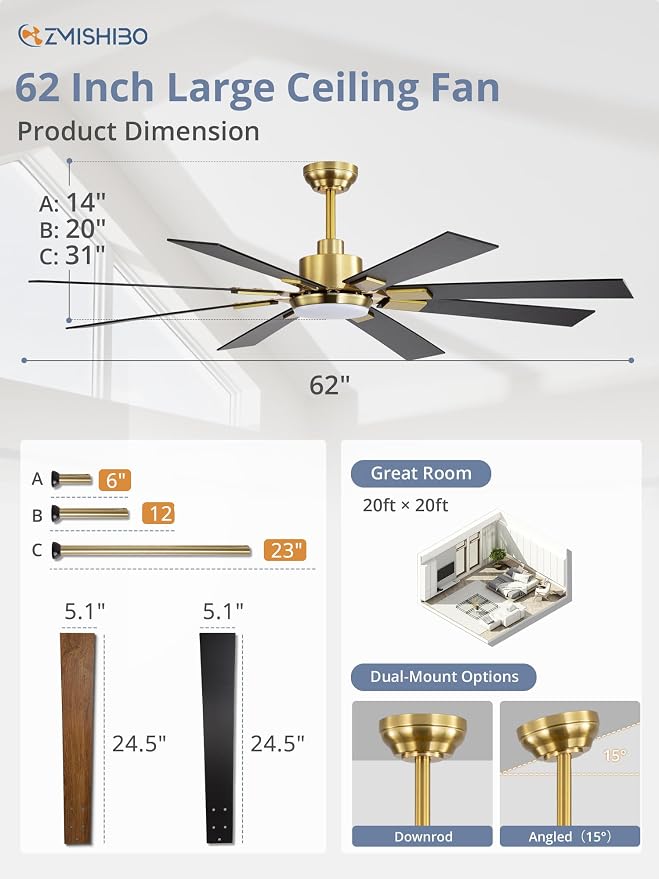 ZMISHIBO 62” Mid Century Ceiling Fan with Light, Remote, Black and Gold | High CFM Powerful Airflow, Quiet DC Motor, 24W 3 CCT LED, Indoor/Covered Outdoor, Dual-Finish, Damp Rated