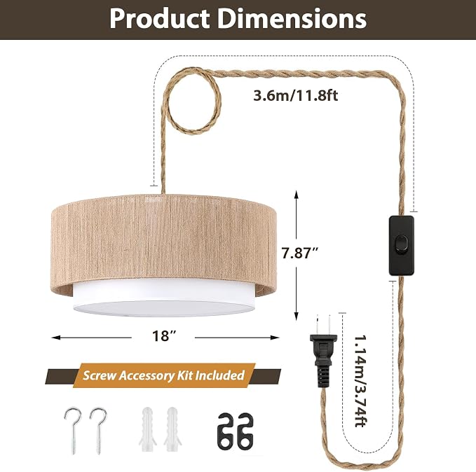 Plug in Pendant Light, 18” Rattan Plug in Chandelier with 15.7FT Light Cord, Hanging Light with Handwoven Hemp Rope Lampshade for Living Room Bedroom Kitchen