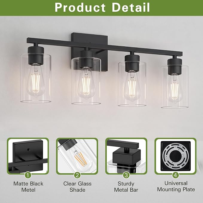 4 Light Bathroom Vanity Light - Matte Black Bathroom Light Fixtures UL Certification, Round Light Fixture Over Mirror, Farmhouse Light Fixtures for Bathroom & Bedroom