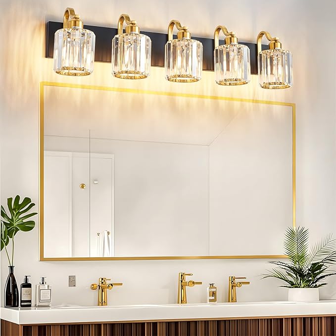 Black Gold Crystal Crooked Vanity Lights Over Mirror 5 Lights Bathroom Wall Lighting Fixtures with Round Shade (Exclude Bulb)