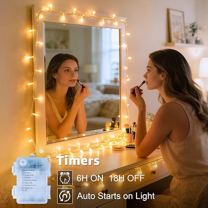 Ollny Fairy Lights Battery Operated 2 Pack, Total 200 LED 66 FT Battery String Lights, Waterproof LED Light with 8 Modes, Bedroom Indoor Outdoor Classroom Party Decorations, Warm White