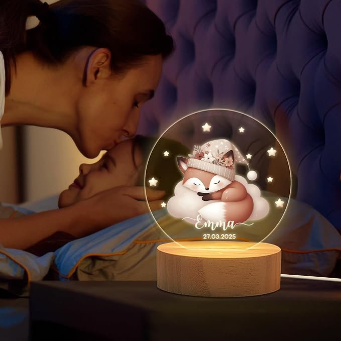Personalized Sleeping Animals Night Light for Kids, Custom Name and Date LED Light with Wooden Base Nursery Decor Christmas Gift for Kids