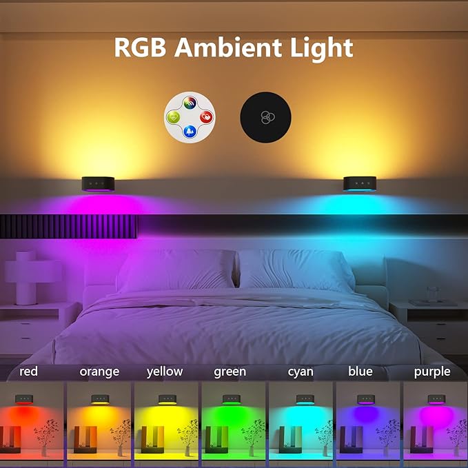 Wall Lights, Battery Operated Wall Sconces RGB Ambient Lighting, Color Changing Rechargeable Wall Lamp Fixture with 3 Color Temps, Dimmable LED Lights for Bedroom Reading
